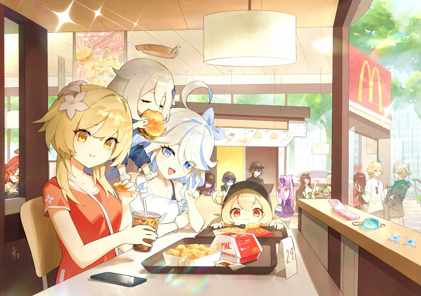 4boys 6+girls ahoge alhaitham_(genshin_impact) alternate_costume amber_(genshin_impact) aranara_(genshin_impact) arm_on_table bag beidou_(genshin_impact) black_hat black_shirt black_thighhighs blonde_hair blue_eyes brown_hair burger casual cellphone cup day eating flip_phone floating flower food furina_(genshin_impact) genshin_impact grey_hair hair_flower hair_ornament halo handbag hat highres holding holding_burger holding_cup holding_food indoors juffles kachina_(genshin_impact) kaveh_(genshin_impact) keqing_(genshin_impact) klee_(genshin_impact) lamp long_hair looking_at_viewer lumine_(genshin_impact) mavuika_(genshin_impact) mcdonald&#039;s multicolored_hair multiple_boys multiple_girls nahida_(genshin_impact) open_mouth paimon_(genshin_impact) phone polo_shirt primogem purple_hair purple_skirt raiden_shogun red_eyes red_hair red_shirt shirt short_hair_with_long_locks short_sleeves sidelocks sitting skirt smartphone sparkle streaked_hair sunglasses t-shirt table thighhighs tray tree twintails v venti_(genshin_impact) white_hair white_shirt yellow_eyes zhongli_(genshin_impact)