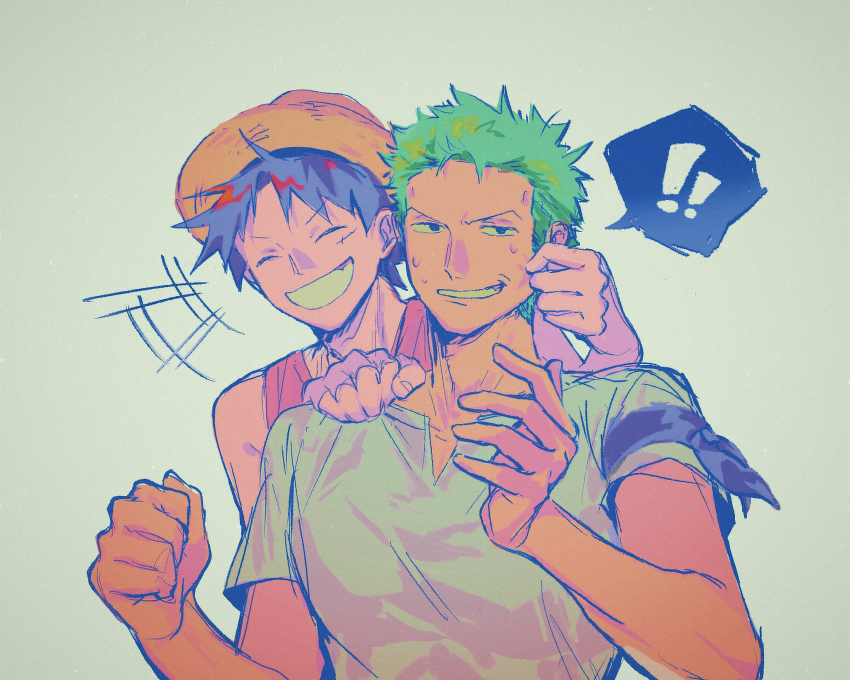 ! !! +++ 2boys absurdres bandana_around_arm bare_arms bare_shoulders black_hair closed_eyes facial_scar forced_smile green_hair grin hand_on_another&#039;s_cheek hand_on_another&#039;s_face hand_on_another&#039;s_shoulder hat highres looking_at_viewer male_focus monkey_d._luffy multiple_boys nhi one_piece parted_lips red_shirt roronoa_zoro scar scar_on_cheek scar_on_face shirt short_hair short_sleeves smile spoken_exclamation_mark straw_hat sweat sweatdrop upper_body white_shirt