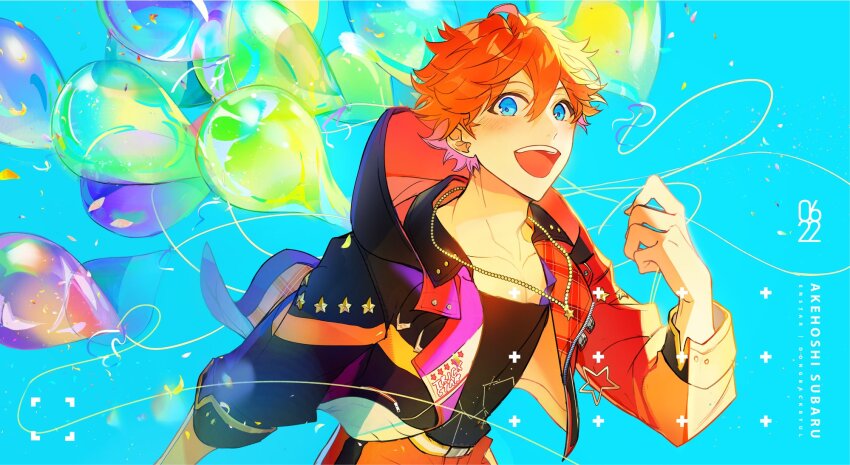 1boy akehoshi_subaru balloon blue_eyes character_name dongbackbyul ensemble_stars! hair_between_eyes hand_up highres holding holding_balloon hood hooded_jacket jacket jewelry long_sleeves looking_at_viewer male_focus multicolored_jacket necklace official_alternate_costume open_clothes open_jacket open_mouth orange_hair short_hair smile solo upper_body