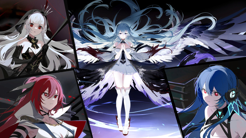 angel_wings azur_lane bare_shoulders black_dress black_gloves black_wings blue_eyes blue_hair boots braid breasts burnt_clothes cape chain cleavage closed_mouth crown detached_sleeves dress feathered_wings floating floating_hair full_body gloves hair_between_eyes hair_ornament hands_up helena_(meta)_(azur_lane) high_heel_boots high_heels highres large_breasts oversized_wings long_hair military_vehicle miniskirt multiple_girls multiple_wings non-web_source official_art own_hands_clasped own_hands_together pleated_skirt queen_elizabeth_(meta)_(azur_lane) red_eyes red_footwear red_hair ribbon rigging rodney_(azur_lane) rodney_(meta)_(azur_lane) serious ship ship_turret shoes skirt standing strapless strapless_dress thigh_boots thighhighs torn_clothes very_long_hair warship watercraft white_footwear white_hair white_skirt wichita_(azur_lane) wichita_(meta)_(azur_lane) wide_shot wings zettai_ryouiki