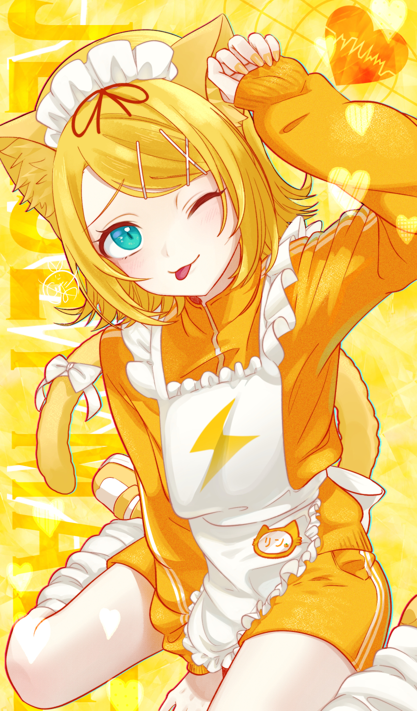 1girl absurdres animal_ear_fluff animal_ears apron arm_up blonde_hair blue_eyes cat_ears cat_girl cat_tail closed_mouth frilled_apron frills hair_ornament hairclip hand_between_thighs heart highres kagamine_rin kemonomimi_mode loose_socks medium_hair nail_polish noa_(retsuhim6927) one_eye_closed paw_pose shoes shorts sitting sleeves_past_wrists sneakers socks solo sweater swept_bangs tail tongue tongue_out vocaloid wariza white_apron yellow_nails yellow_shoes yellow_shorts yellow_sweater
