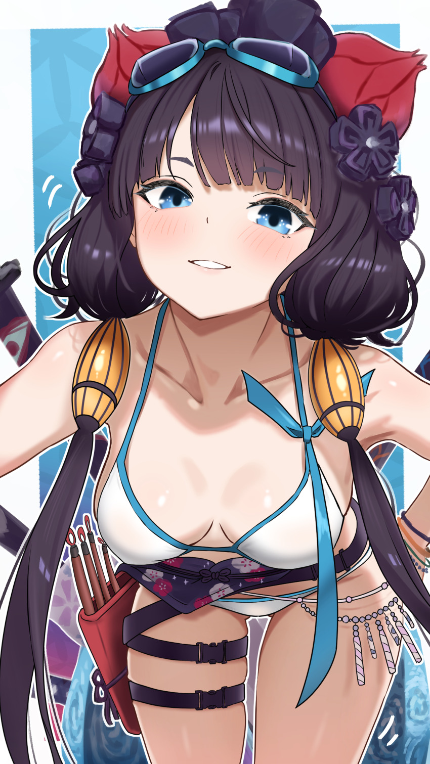 1girl absurdres bamboo_tac bare_shoulders beads belt bikini blue_eyes bracelet breasts calligraphy_brush cleavage collarbone fate/grand_order fate_(series) floral_print goggles goggles_on_head grin hair_ornament highres jewelry katana katsushika_hokusai_(fate) katsushika_hokusai_(swimsuit_saber)_(fate) long_hair looking_at_viewer medium_breasts obi paintbrush pouch purple_hair sash sidelocks smile solo swimsuit sword thigh_strap thighs weapon white_bikini