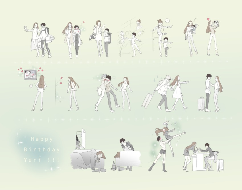 ! 1girl 2boys age_progression baby backpack bag steamed_bun bar_stool barre black_hair blush bottle boxers brown_hair child coat couch drunk food glasses happy_birthday hat heart high_heels hug jewelry katsuki_yuuri lifting_person lying male_underwear multiple_boys niji_(p7bow) okukawa_minako on_side one_eye_closed pointing ring scarf shopping_bag silver_hair sitting sparkle spoken_exclamation_mark standing standing_on_one_leg steam stool suitcase underwear underwear_only viktor_nikiforov walking aged_down yuri!!!_on_ice