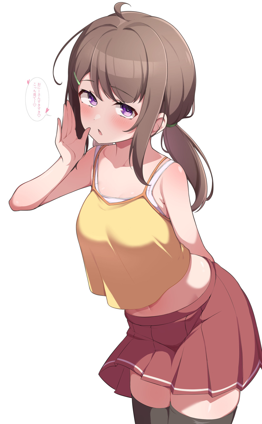 1girl :o absurdres ahoge arm_behind_back armpit_crease bare_arms black_thighhighs blush bra bra_peek breasts brown_hair collarbone commentary_request cowboy_shot crop_top hand_up highres long_hair looking_at_viewer midriff mujin_(mujinzairaisen) navel open_mouth original pleated_skirt ponytail purple_eyes red_skirt shirt sidelocks skirt solo speech_bubble thighhighs translation_request underwear white_background white_bra yellow_shirt zettai_ryouiki