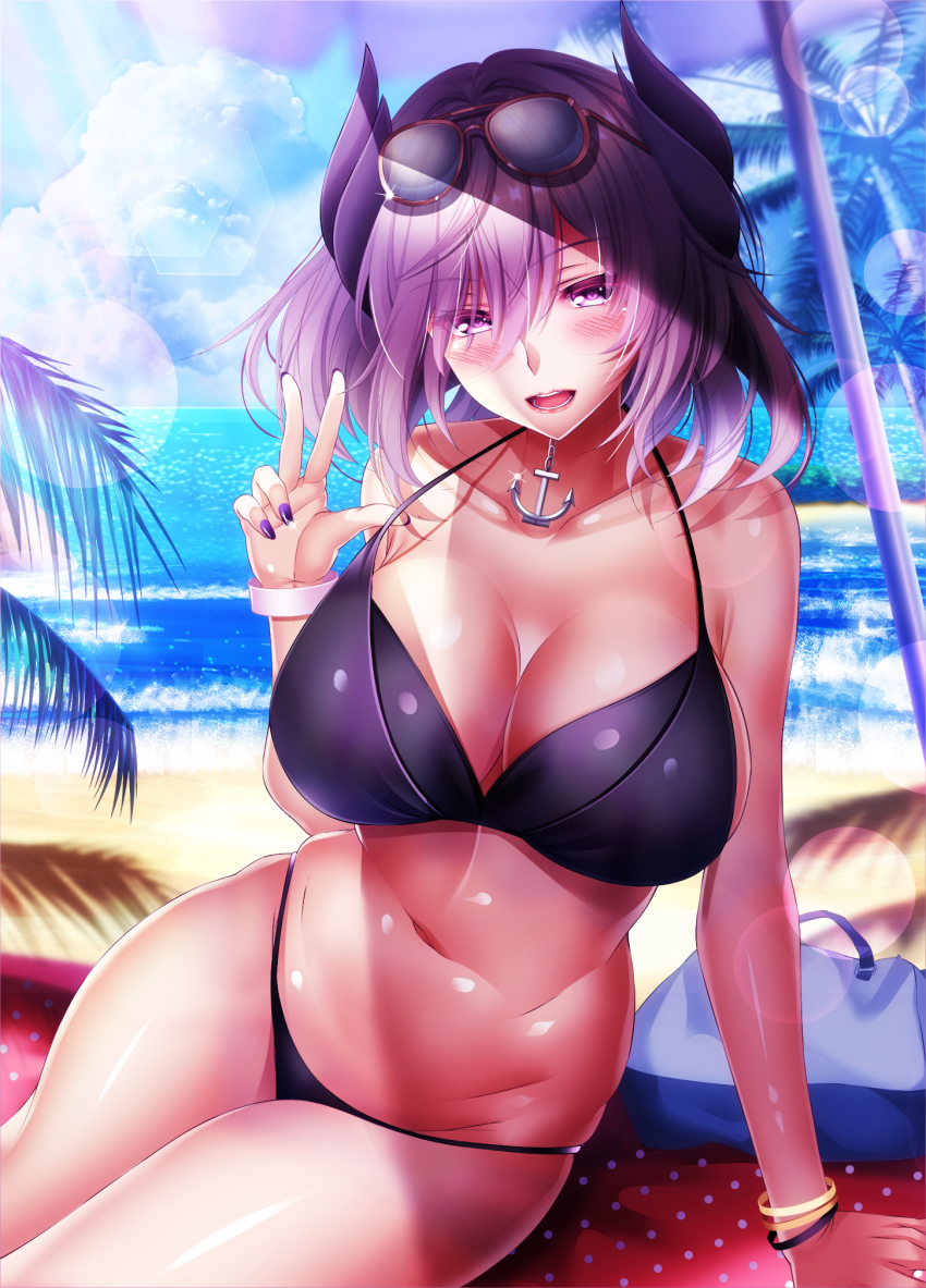 anchor_necklace azur_lane beach bikini black_bikini bracelet breasts cleavage collarbone commentary_request commission day eyewear_on_head hair_between_eyes highres jewelry kirishima_(azur_lane) kirishima_(summery_audacity)_(azur_lane) large_breasts lens_flare looking_at_viewer medium_hair nail_polish navel necklace ocean official_alternate_costume open_mouth outdoors palm_tree pixiv_commission purple_eyes purple_hair shiny_skin sky smile solo sunglasses swimsuit tree yuuzuki_hijiri