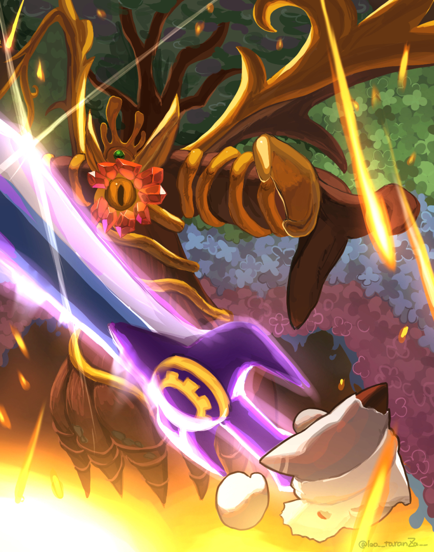 1boy 1other disembodied_hand embers gloves highres huge_weapon kirby&#039;s_return_to_dream_land kirby&#039;s_return_to_dream_land_deluxe kirby&#039;s_return_to_dream_land_deluxe kirby_(series) leo_taranza magolor magolor_epilogue master_crown master_crown_(tree) nintendo no_humans one-eyed rayman_limbs spoilers sword torn_clothes tree twitter_username weapon wings