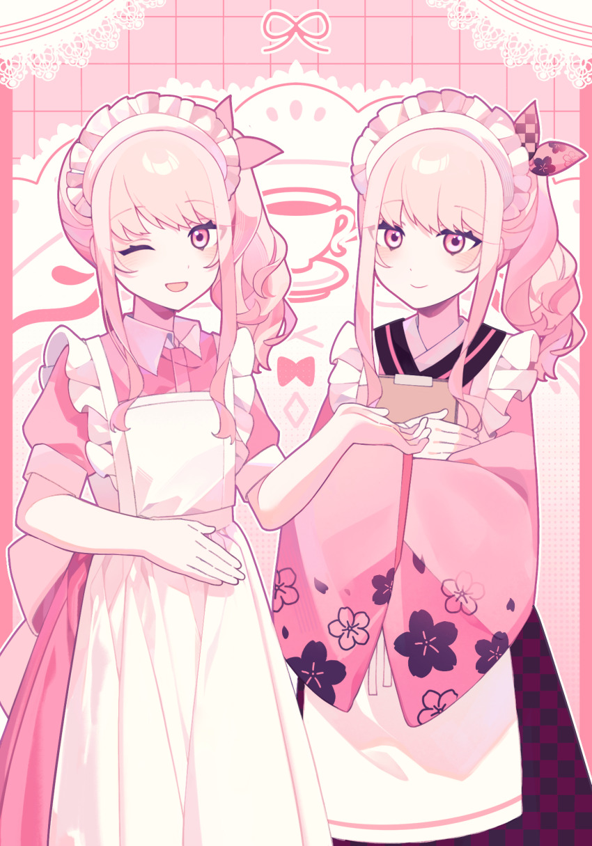 2others ;d akiyama_mizuki alternate_costume apron bow brown_skirt checkered_bow checkered_clothes checkered_skirt chinese_commentary clipboard closed_mouth collared_dress commentary_request cowboy_shot cup dress drill_hair drill_ponytail dual_persona enmaided eyes_visible_through_hair floral_print floral_print_kimono frilled_apron frills grid_background hair_bow hand_up highres holding holding_clipboard japanese_clothes kimono laylayhappy long_dress long_hair long_skirt long_sleeves looking_at_viewer maid maid_apron multiple_others one_eye_closed open_mouth other_focus outline outside_border pillarboxed pink_background pink_bow pink_eyes pink_hair pink_kimono pink_theme print_kimono project_sekai puffy_short_sleeves puffy_sleeves shirt short_sleeves side_ponytail sidelocks skirt smile standing swept_bangs white_apron white_outline wide_sleeves