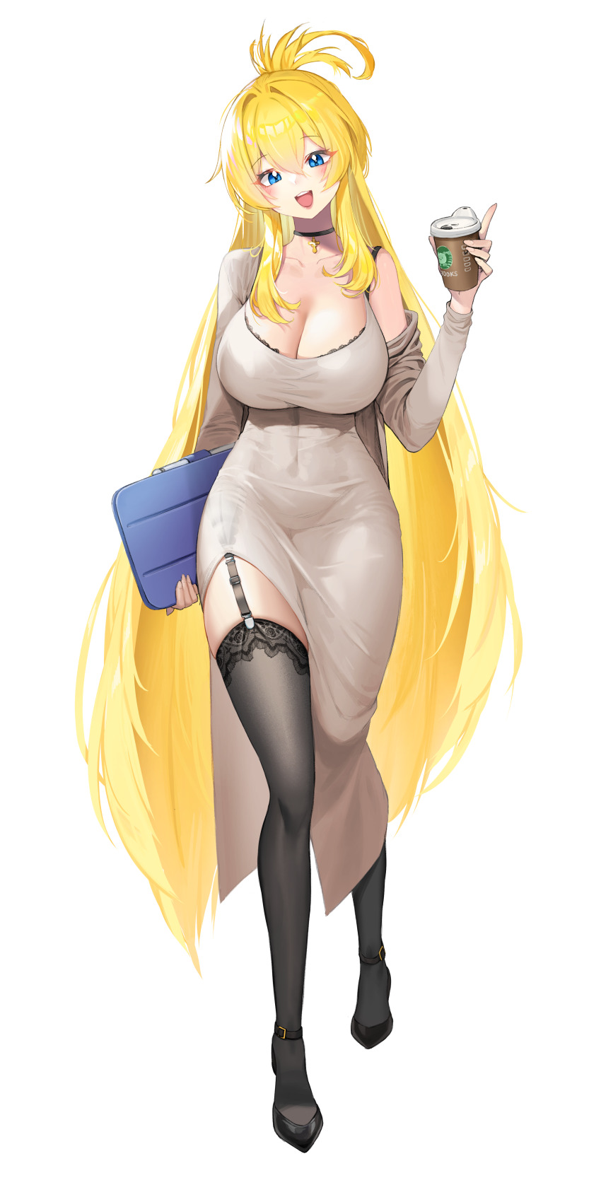 1girl absurdres black_choker black_shoes black_thighhighs blonde_hair blue_eyes bra bra_peek bra_strap breasts choker cleavage cocktail_dress collarbone commission covered_navel cross cross_choker cup disposable_cup dongtan_dress dress full_body garter_straps grey_dress grey_jacket guamon hair_between_eyes half_updo hand_up head_tilt highres holding holding_cup impossible_clothes impossible_dress jacket lace_trim large_breasts long_hair long_sleeves meme_attire off_shoulder open_clothes open_jacket open_mouth original see-through_clothes shoes side_slit simple_background skindentation sleeveless sleeveless_dress smile solo spaghetti_strap taut_clothes taut_dress thighhighs underwear very_long_hair white_background