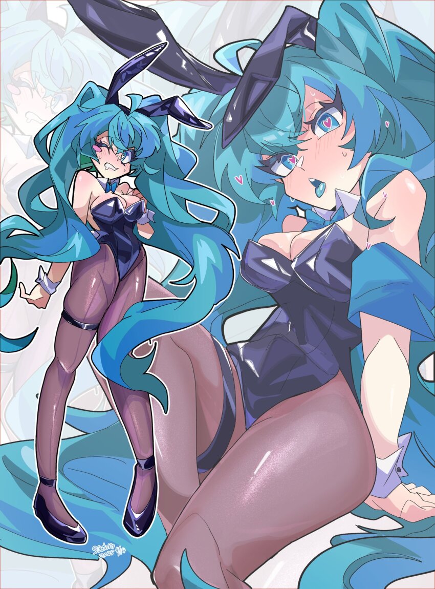 1girl absurdly_long_hair ahoge alternate_costume animal_ear_hairband animal_ears black_hairband black_leotard black_shoes blue_eyes blue_hair blue_tongue blush blush_stickers breasts brown_pantyhose cleavage colored_tongue fake_animal_ears hairband hatsune_miku heart heart-shaped_pupils high_heels highres large_breasts leotard long_hair one_eye_closed open_mouth pantyhose satoro301 shoes single_blush_sticker solo sweat symbol-shaped_pupils very_long_hair vocaloid wrist_cuffs