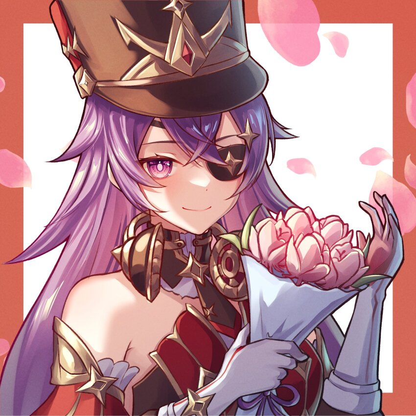 1girl absurdres bouquet chevreuse_(genshin_impact) earmuffs earmuffs_around_neck eyepatch flower genshin_impact gloves hat highres holding holding_bouquet long_hair petals purple_eyes purple_hair shako_cap smile white_gloves yuno_kaihara