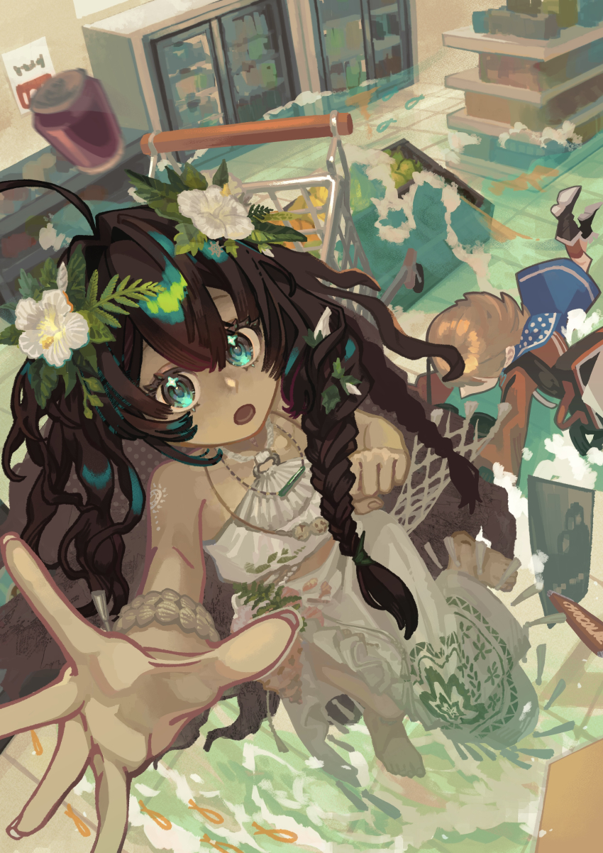 2girls :o absurdres ahoge barefoot black_boots blue_dress blue_eyes boots brown_hair dark-skinned_female dark_skin dress fallen_down fatutu flower from_above full_body hair_flower hair_ornament halter_shirt halterneck hibiscus highres higure_(hgr817) indoors jacket leaf_hair_ornament long_hair long_skirt lying midriff multiple_girls on_stomach outstretched_arm outstretched_hand red_jacket red_socks regulus_(reverse:1999) reverse:1999 shelf shell_bracelet shirt shopping_cart short_hair skirt sleeveless sleeveless_shirt socks supermarket water white_flower white_shirt white_skirt