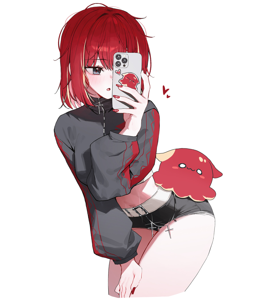 akane_lize belt black_shorts blonde_hair cellphone grey_eyes grey_jacket highres holding holding_phone huhi_(huhi_1211) jacket long_sleeves multicolored_hair parted_lips phone red_hair red_nails short_hair shorts simple_background smartphone solo stellive streaked_hair virtual_youtuber white_background white_belt