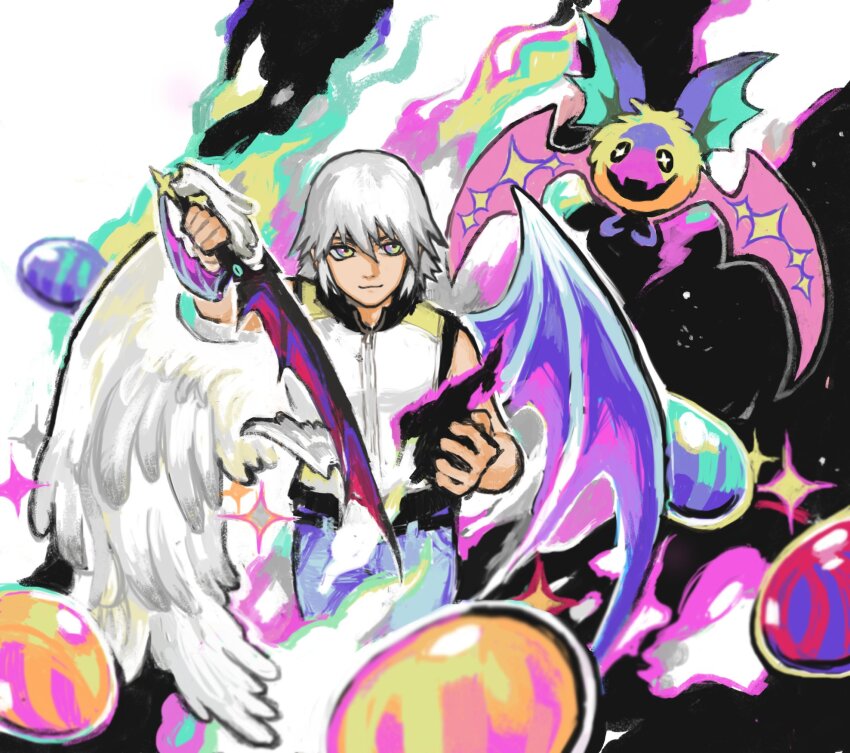1boy arm_up asymmetrical_wings bat_(animal) blue_pants colorful commentary creature dream_eater_(kingdom_hearts) fire flying high_collar highres holding holding_weapon keyblade kingdom_hearts kingdom_hearts_3d:_dream_drop_distance light_smile long_hair looking_to_the_side magic male_focus mismatched_wings multicolored_eyes outline pants riku_(kingdom_hearts) smoke snoozaga sparkle upper_body vest weapon white_hair white_outline white_vest wings