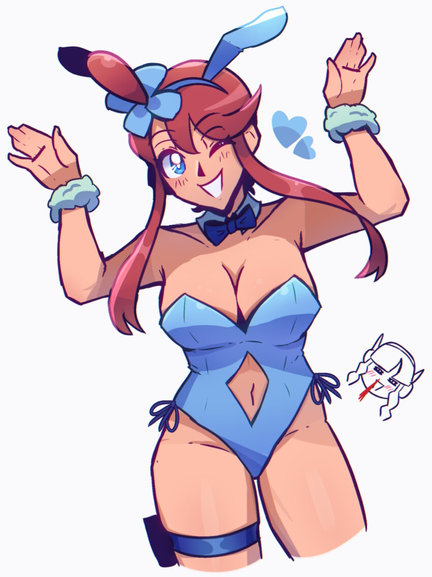 2girls blood blue_eyes bow bowtie breasts cleavage elesa_(pokemon) game_freak heart large_breasts leotard long_hair looking_to_the_side lunatuneflowers multiple_girls nintendo nosebleed one_eye_closed playboy_bunny pokemon pokemon_bw pokemon_bw2 rabbit_ears red_hair skyla_(pokemon) teeth thigh_strap white_background wink yuri