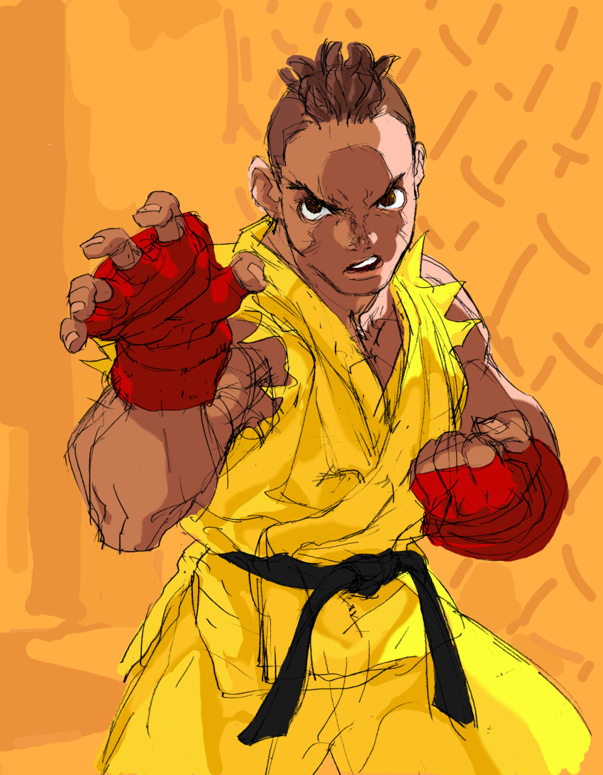 1boy angry brown_hair clenched_hand cornrows dark-skinned_male dark_skin dougi dreadlocks facing_viewer fighting_stance fingerless_gloves game_cg gloves highres karate_gi male_focus mma_gloves muscular muscular_male nishimura_kinu non-web_source official_art outstretched_arm sean_matsuda solo solo_focus street_fighter street_fighter_iii_(series) teeth very_dark_skin