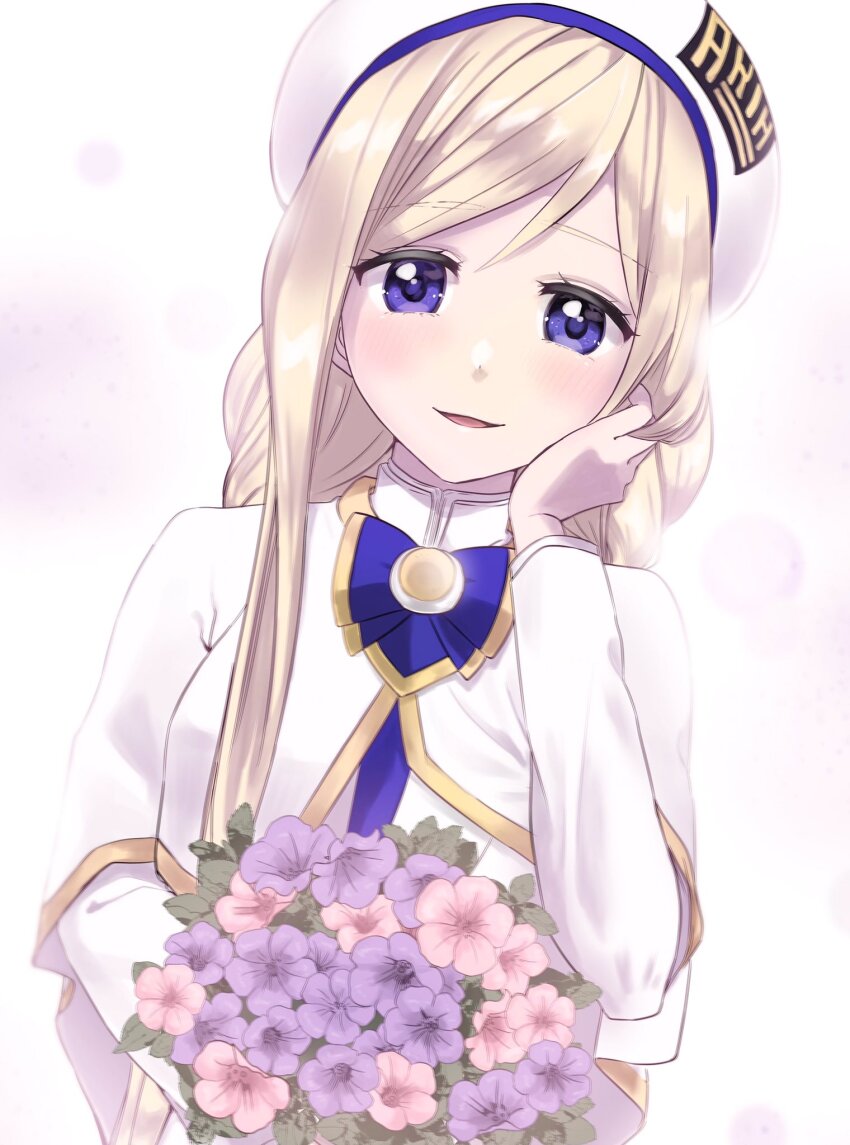 1girl alicia_florence aogirism aria_(manga) aria_company_uniform beret blonde_hair blue_bow blue_bowtie blush bouquet bow bowtie braid braided_ponytail capelet commentary_request dress flower gold_trim hair_between_eyes hand_up hat highres holding holding_bouquet long_hair long_sleeves looking_at_viewer open_mouth parted_bangs pink_background purple_eyes sidelocks solo upper_body very_long_hair white_capelet white_dress white_hat