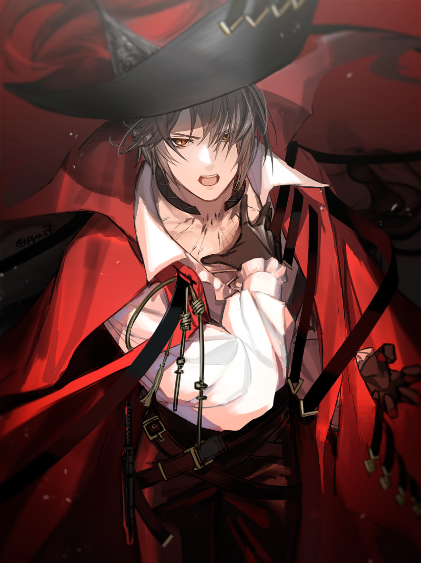 1boy arknights black_gloves black_hair black_hat brown_eyes cape collared_shirt commentary_request dress_shirt gloves hair_over_one_eye hat highres kiri_(pyonta) long_sleeves looking_at_viewer male_focus open_mouth pants phantom_(arknights) phantom_(focus)_(arknights) puffy_long_sleeves puffy_sleeves red_cape red_pants shirt solo twitter_username white_shirt
