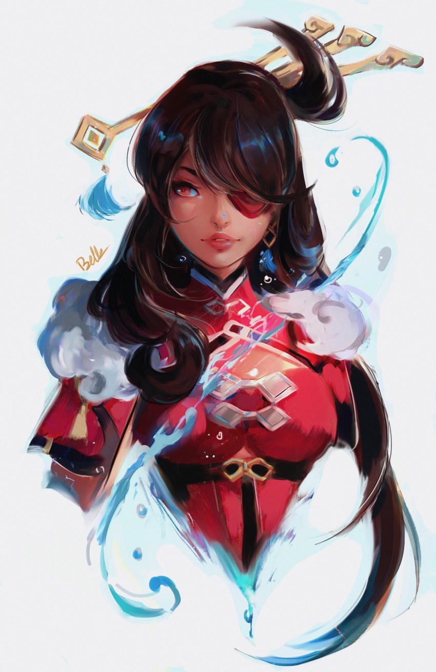 1girl artist_name beidou_(genshin_impact) bellsadonnaaaa black_hair black_sash blue_background breasts chinese_clothes chinese_hairpin cleavage_cutout clothing_cutout cloud collar collared_dress colored_eyepatch commentary dress earrings english_commentary eyelashes eyepatch genshin_impact hair_ornament highres jewelry long_hair medium_breasts one-eyed one_side_up parted_lips pink_lips red_collar red_dress red_eyes sash short_sleeves shoulder_pads single_earring solo tassel tassel_earrings tassel_hair_ornament upper_body water