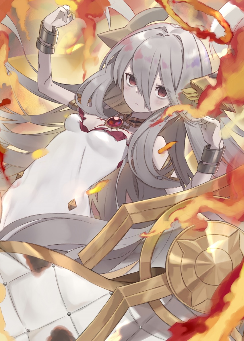 1girl alchemy_stars bare_shoulders breasts brown_eyes character_request closed_mouth commentary_request dress eyebrows_hidden_by_hair fire grey_hair hair_between_eyes halo hands_up headgear highres long_hair looking_at_viewer small_breasts solo strapless strapless_dress totatokeke uriel_(alchemy_stars) very_long_hair white_dress