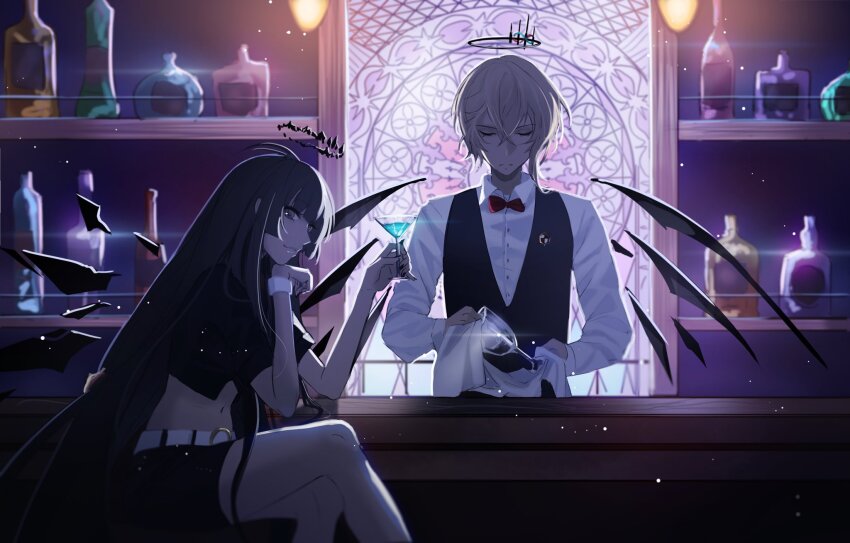 1boy 1girl alcohol alternate_costume arknights bar_(place) belt belt_buckle black_eyes black_hair black_halo black_shirt black_vest blonde_hair blunt_bangs bow bowtie buckle butler buttons cleaning closed_eyes closed_mouth collared_shirt commentary counter crop_top cropped_shirt crossed_bangs crossed_legs cup dark death_parade detached_wings dress_shirt drink drinking_glass elloy_(ajhz2533) english_commentary executor_(arknights) glass_bottle hair_between_eyes halo highres holding holding_drink indoors light_particles long_hair long_sleeves looking_at_viewer midriff navel red_bow red_bowtie shirt short_hair short_sleeves sidelocks sitting split_mouth standing traditional_bowtie very_long_hair vest virtuosa_(arknights) waistcoat white_belt white_shirt wine_glass wings wristband