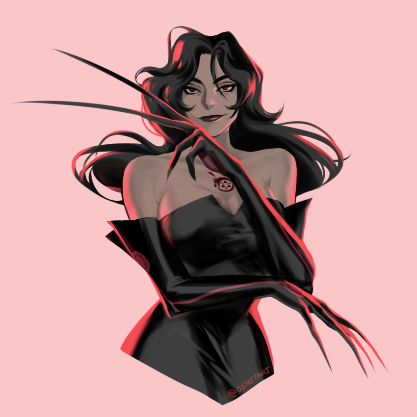1girl black_hair black_lips black_nails chest_tattoo closed_mouth dress elbow_gloves fullmetal_alchemist gloves long_hair looking_at_viewer lust_(fma) oshetart pink_background simple_background smile solo strapless strapless_dress tattoo twitter_username very_long_fingernails wavy_hair
