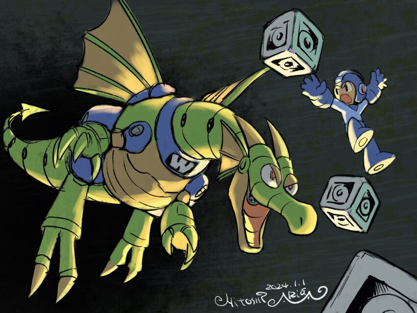 1boy ariga_hitoshi block_(object) claws commentary_request dated dragon helmet highres horns looking_back mecha_dragon_(mega_man) mega_man_(character) mega_man_(classic) mega_man_(series) mega_man_2 non-humanoid_robot open_mouth robot robot_dragon signature v-shaped_eyebrows wings