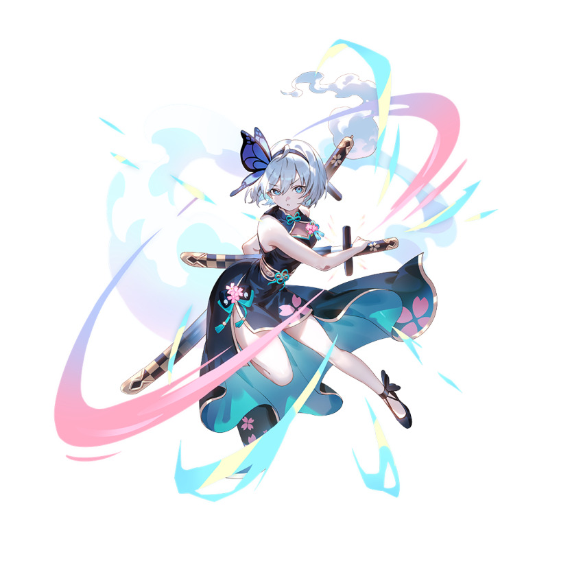 1girl ahoge alternate_costume aqua_dress aqua_eyes black_dress black_hairband black_shoes butterfly_hair_ornament china_dress chinese_clothes cleavage_cutout clothing_cutout commentary_request dress dress_flower flower game_cg gold_trim grey_hair hair_between_eyes hair_ornament hairband hitodama konpaku_youmu konpaku_youmu_(ghost) looking_at_viewer multicolored_dress multiple_swords official_art open_mouth over_shoulder petal_print pink_flower print_dress sheath sheathed shoes short_hair side_slit slashing sleeveless sleeveless_dress solo sword sword_over_shoulder third-party_source touhou touhou_gensou_eclipse transparent_background two-sided_dress two-sided_fabric u_u_zan unsheathing weapon weapon_over_shoulder