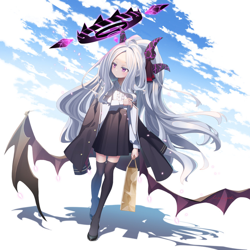 1girl ahoge bag black_skirt black_thighhighs blue_archive blue_sky cloud cloudy_sky coat coat_on_shoulders commentary_request demon_girl demon_horns demon_wings full_body halo high_heels highres hina_(blue_archive) holding horns long_hair long_sleeves looking_afar looking_away miyoshi_nao_(miyoshist) parted_bangs pencil_skirt ponytail purple_eyes shopping_bag sidelocks skirt sky solo thighhighs walking white_hair wind wings zettai_ryouiki
