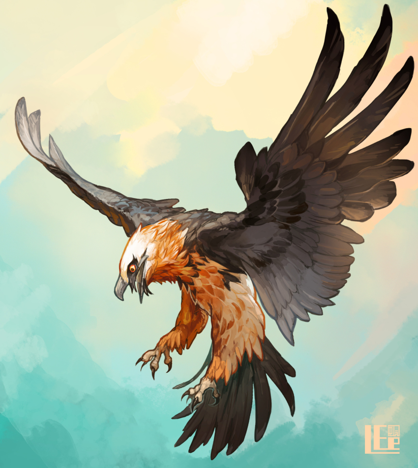 animal animal_focus bird from_side full_body highres no_humans open_mouth orange_eyes original profile simple_background solo spread_wings talons vulture yamamura_le yellow_background
