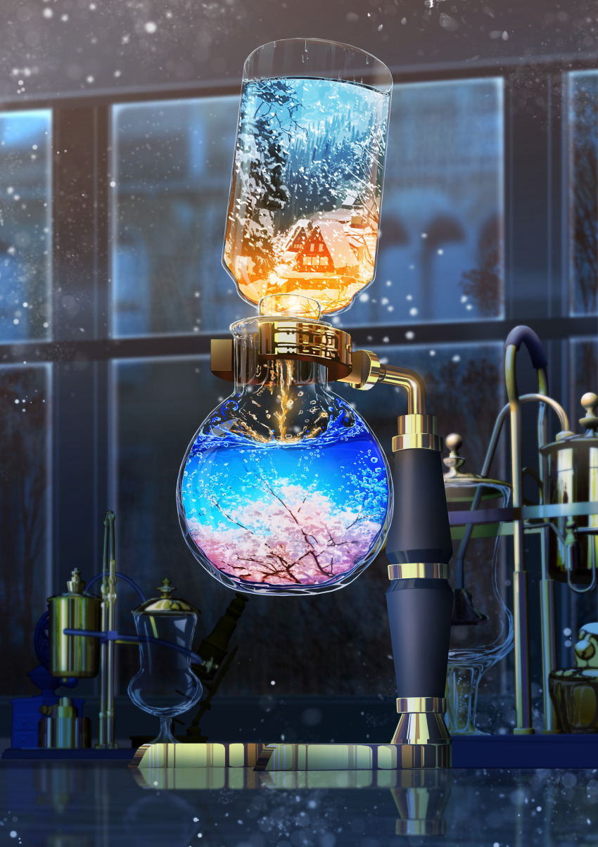abisswalker8 absurdres blue_sky blurry blurry_background branch cabin chemistry chemistry_set cherry_blossoms clamps commentary_request fantasy flask forest glass_bottle highres indoors nature night no_humans original pine_tree reflection round-bottom_flask sky snow snowing tree window winter