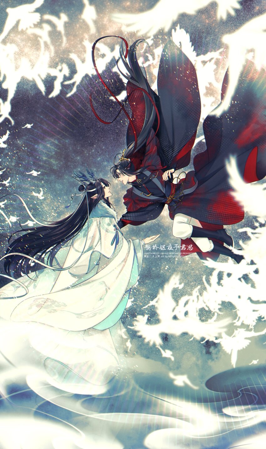 2boys ahoge artist_name bird black_boots black_eyes black_hair black_hanfu blurry blurry_foreground boots chinese_clothes chinese_text commentary couple dragon_boy eastern_dragon_horns english_commentary floating_clothes floating_hair flying from_side fur-trimmed_robe fur_trim glowing_bird hair_ribbon hanfu headband highres kemonomimi_mode lan_wangji light_particles long_hair long_sleeves looking_at_another male_focus minataka94 modao_zushi multiple_boys open_mouth pants parted_lips pointy_ears ponytail profile reaching reaching_towards_another red_ribbon ribbon robe sash sidelocks sky smile smoke topknot very_long_hair watermark wei_wuxian white_bird white_hanfu white_headband white_pants wide_sleeves xiao_guan_(headdress) yaoi