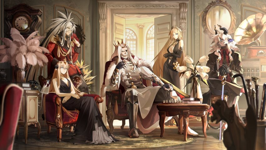 2boys 3girls alchemy_stars alternate_costume antique_phone armchair armored_boots beard belt bethel_(alchemy_stars) black_dress black_gloves black_hair black_jacket black_necktie black_pants blonde_hair blue_eyes blurry blurry_foreground board_game book boots breasts cane cape chair chess chessboard cleavage cleavage_cutout clock closed_mouth clothing_cutout coat coffee_table collarbone crossed_legs crown door dragon dress elbow_gloves epaulettes eyepatch facial_hair fang fingerless_gloves formal_clothes fur-trimmed_cape fur_trim gloves grandfather_clock highres horns indoors istvan_(alchemy_stars) jacket knifedragon lamp large_breasts laurel_crown long_dress long_hair long_sleeves looking_at_viewer mirror multicolored_hair multiple_boys multiple_girls mustache necktie pants phone phonograph plant popped_collar potted_plant red_coat red_shirt reinhardt_(alchemy_stars) rotary_phone rug schwartz_(alchemy_stars) shirt sitting sleeveless sleeveless_dress small_breasts smile standing stool suit table two-tone_hair victoria_(alchemy_stars) white_hair window yellow_eyes