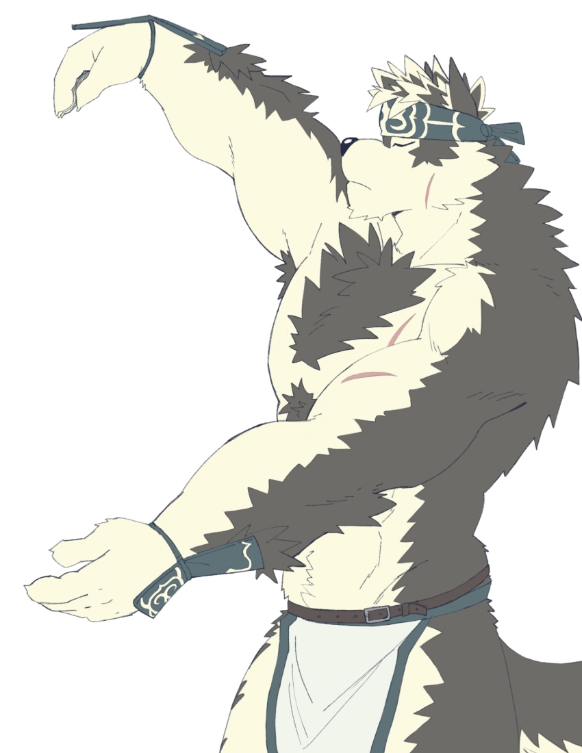1boy abs animal_ears armpit_hair armpits arms_up bandana bara biceps black_fur blue_bandana chest_fur closed_eyes closed_mouth collarbone commentary dog_nose english_commentary facial_scar facing_to_the_side furry furry_male gauntlets highres horkeu_kamui jg_slt_xico male_focus muscular muscular_male pectorals scar scar_on_arm scar_on_cheek scar_on_chest scar_on_face tail tokyo_houkago_summoners topless_male white_loincloth wolf_boy wolf_ears wolf_tail