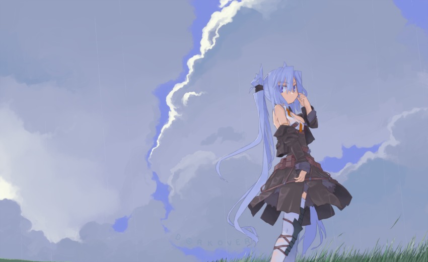 1girl armlet bare_shoulders belt belt_pouch blue_eyes blue_hair cloud cloudy_sky dress eyebrows female_focus from_side grass hair_ribbon highres jacket jewelry knee_pads long_hair looking_at_viewer matching_hair/eyes mof mof&#039;s_silver_haired_twintailed_girl necktie off_shoulder orange_necktie original pouch rain ribbon scratching_cheek see-through_clothes sky sleeveless solo thighhighs twintails very_long_hair wet white_thighhighs