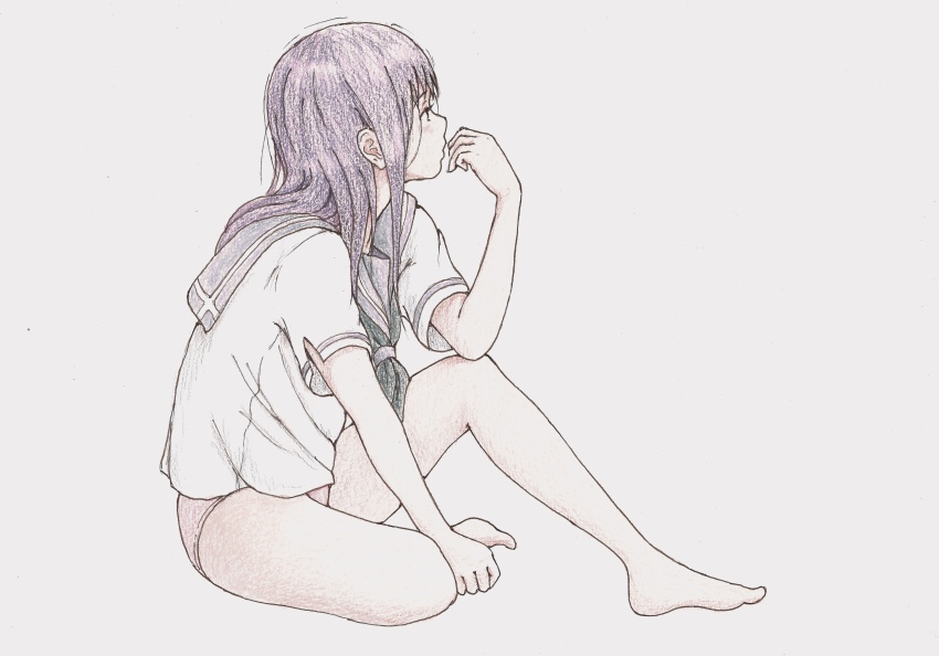 1girl absurdres barefoot bbmasa blue_background blue_sailor_collar commentary_request from_side full_body gradient_background green_neckerchief hibike!_euphonium highres long_hair neckerchief no_pants panties pink_panties profile purple_hair sailor_collar school_uniform shirt short_sleeves sitting solo summer_uniform thighs traditional_media underwear white_shirt yoroizuka_mizore