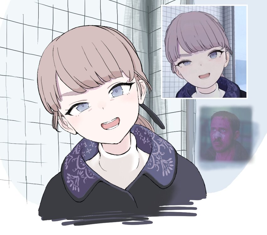 1girl black_ribbon blade_runner_2049 brown_hair commentary english_commentary goslingposting_(meme) hair_ribbon highres k_(blade_runner_2049) lapwing_(vrchat) long_hair looking_at_viewer meme open_mouth patrasche_doge ribbon ryan_gosling screenshot_inset solo teeth tile_wall tiles vrchat window