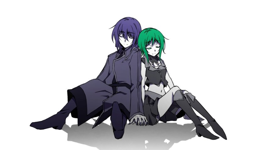 1boy 1girl bare_shoulders black_footwear boots closed_eyes collar collared_jacket colored_eyelashes colored_skin couple cropped_jacket detached_collar evillious_nendaiki green_hair grey_collar grey_footwear grey_jacket grey_skirt gumi holding_hands interlocked_fingers jacket knee_boots leaning_on_person long_skirt medium_hair midriff military_uniform navel nemesis_no_juukou_(vocaloid) nemesis_sudou nyoze_octo pale_skin purple_hair rice_rice_2525 saigo_no_revolver_(vocaloid) sidelocks skirt sleeveless sleeveless_jacket smile vocaloid white_skin