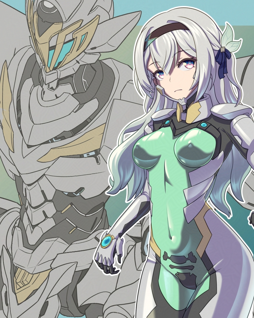 1girl armored_bodysuit black_hairband blue_pupils bodysuit bow breasts commentary covered_erect_nipples covered_navel english_commentary firefly_(honkai:_star_rail) fortified_suit grey_hair hair_bow hairband halcyon_(halcyon90) highres honkai:_star_rail honkai_(series) impossible_bodysuit impossible_clothes long_hair mecha mecha_pilot_suit medium_breasts multicolored_eyes muv-luv muv-luv_alternative revision robot sam_(honkai:_star_rail) science_fiction see-through_bodysuit see-through_clothes skin_tight solo tactical_surface_fighter two-tone_eyes white_bodysuit