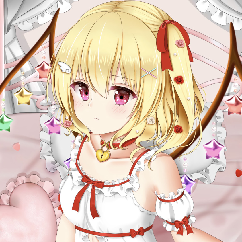 1girl alternate_costume blonde_hair blush bow choker crystal flandre_scarlet flower frown hair_ornament heart_lock nyanyanoruru pillow pink_eyes red_bow rose short_hair side_ponytail source_request star_(symbol) touhou wing_hair_ornament x_hair_ornament
