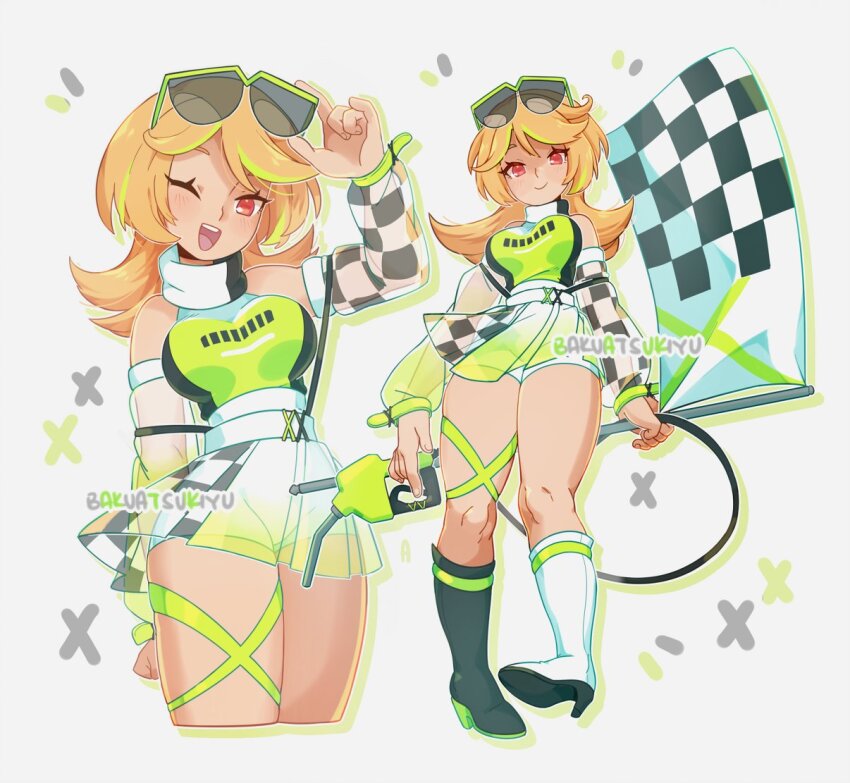 1girl bakuatsukiyu black_footwear blonde_hair checkered_flag checkered_sleeves detached_sleeves flag gas_pump gas_pump_nozzle green_tank_top holding holding_flag long_hair multicolored_footwear open_mouth original race_flag race_queen red_eyes see-through_clothes see-through_skirt shorts skirt sunglasses tank_top thigh_strap white_footwear white_shorts white_skirt