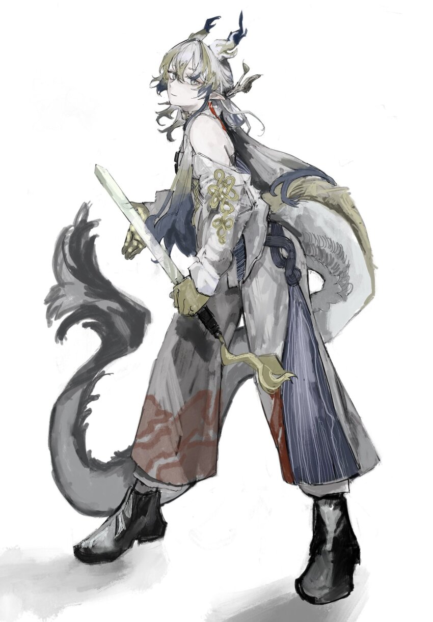 1girl arknights bare_shoulders black_shoes blonde_hair closed_mouth dragon_girl dragon_horns dragon_tail earrings full_body grey_eyes grey_hair grey_jacket grey_pants hair_between_eyes hashtag-only_commentary highres holding holding_sword holding_weapon horns jacket jewelry light_smile long_hair long_sleeves looking_at_viewer multicolored_hair muted_color necklace nou_darake off_shoulder pants pointy_ears purple_hair shoes shu_(arknights) simple_background sketch solo standing sword tail weapon white_background white_hair