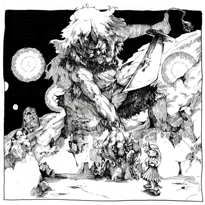1girl closed_mouth commentary_request crossed_arms geta greyscale highres holding holding_sword holding_weapon horns hoshiguma_yuugi long_hair looking_at_viewer monochrome multiple_girls one_eye_closed oni single_horn skirt skull smile solo statue sword touhou very_long_hair weapon yamame_jinja