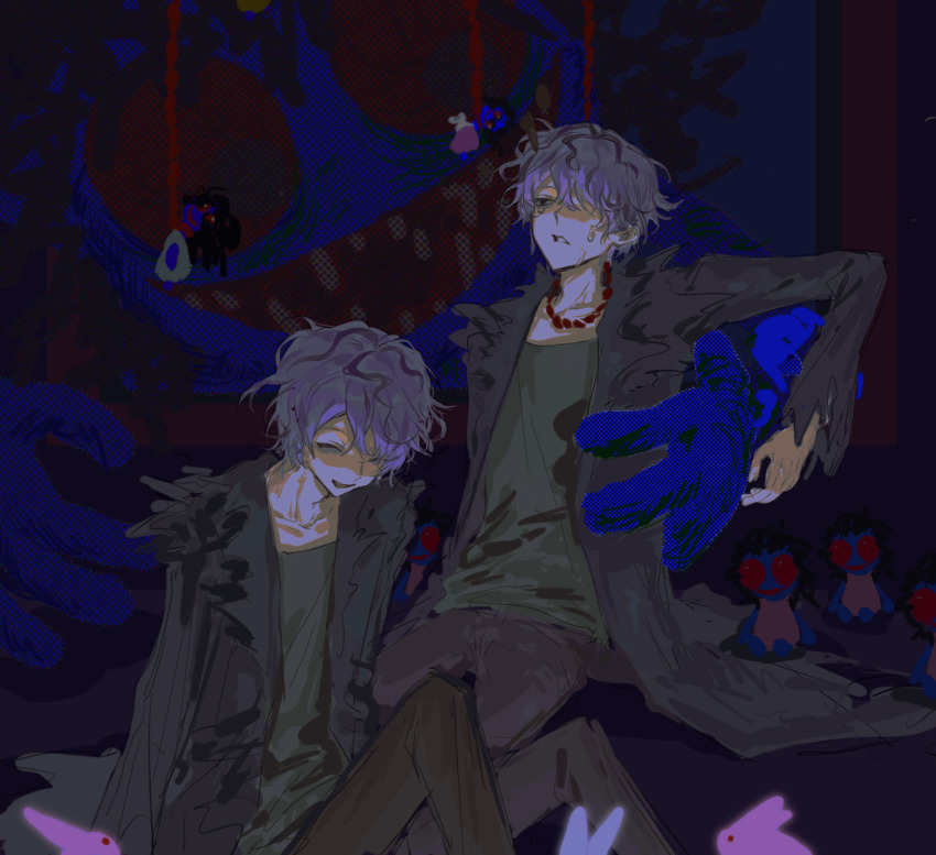 1boy black_coat brown_pants chinese_commentary closed_eyes coat commentary_request crying crying_with_eyes_open doll doll_(ib) garry_(ib) green_shirt highres ib_(kouri) male_focus multiple_views noose open_clothes open_coat open_mouth pants purple_hair shengyiyi shirt short_hair smile tears