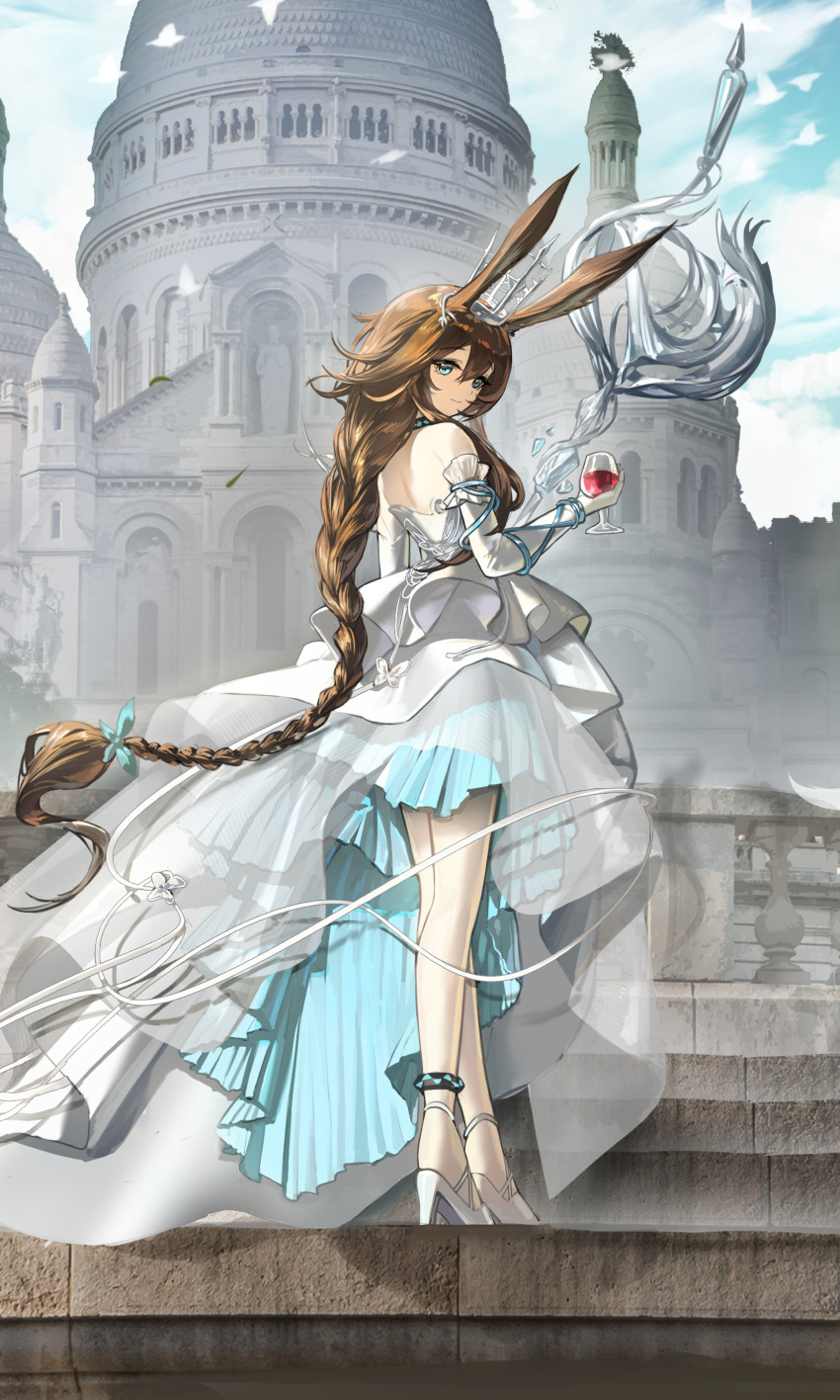 1girl absurdres alcohol ambience_synesthesia amiya_(ambience_synesthesia_2025)_(arknights) amiya_(arknights) animal_ears anklet arknights bare_shoulders blue_eyes braid braided_ponytail brown_hair building chinese_commentary closed_mouth commentary commentary_request crown day dress drink elbow_gloves english_commentary full_body gloves hair_between_eyes high_heels highres holding holding_drink jewelry light_smile long_hair mixed-language_commentary official_alternate_costume outdoors pantyhose shale shoes solo stairs standing very_long_hair white_dress white_gloves white_pantyhose white_shoes wine