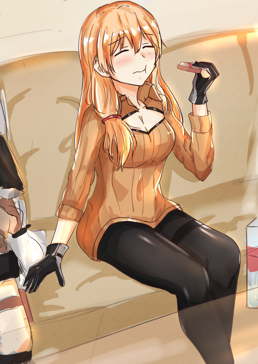 1girl absurdres black_gloves black_pantyhose blonde_hair blush breasts brown_sweater candy chocolate chocolate_heart cleavage closed_eyes coach eating food girls&#039;_frontline gloves hair_ribbon heart highres huge_filesize long_hair medium_breasts mod3_(girls&#039;_frontline) mosin-nagant_(girls&#039;_frontline) mosin-nagant_(mod3)_(girls&#039;_frontline) muteppona_hito pantyhose ribbon room simple_background sitting solo_focus sv-98_(girls&#039;_frontline) sweater table