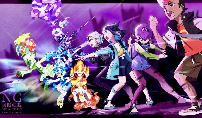 2boys 2girls amethio_(pokemon) antenna_hair black_hair black_hat black_shorts black_vest brown_shorts ceruledge commentary_request copituji cowlick crocalor dot_(pokemon) floragato hat highres jacket knees liko_(pokemon) long_sleeves multiple_boys multiple_girls nintendo open_clothes open_jacket open_mouth open_vest outstretched_arm pants pokemon pokemon_(anime) pokemon_(creature) pokemon_horizons purple_hair quaxwell roy_(pokemon) shirt shoes shorts socks standing teeth terastallization tongue upper_teeth_only vest watermark white_shirt white_shoes white_socks yellow_bag