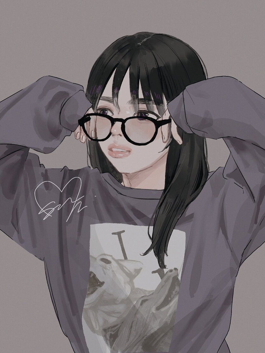 1girl black_hair character_request commentary copyright_request glasses grey_background grey_sweater hashtag-only_commentary highres long_hair long_sleeves open_mouth simple_background sleeves_past_wrists solo sweater upper_body yurosuke