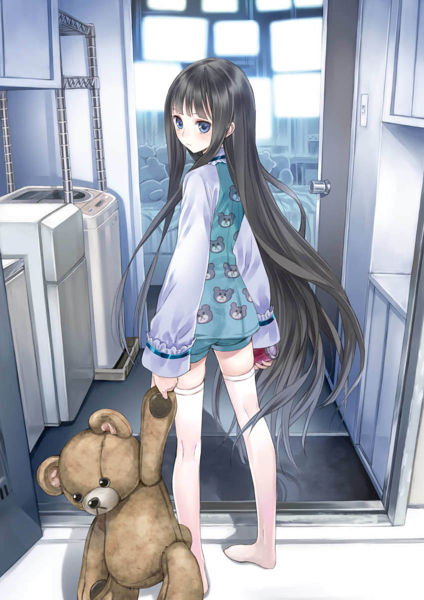 1girl absurdres black_hair blue_eyes cover cover_page dr_pepper highres kami-sama_no_memo-chou kishida_mel long_hair looking_back official_art pajamas shionji_yuuko shorts solo stuffed_animal stuffed_toy teddy_bear thighhighs top-load_washing_machine very_long_hair washing_machine