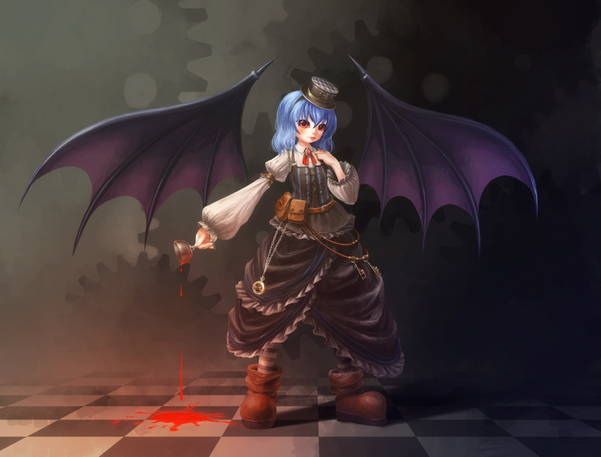 1girl alternate_costume arm_belt bat_wings belt belt_pouch blue_hair chalice checkered_floor cup dress frilled_dress frills full_body gears haguruma_rapt hat highres holding holding_cup key long_sleeves looking_at_viewer oversized_shoes pouch red_brooch red_eyes remilia_scarlet short_hair smile solo spilling steampunk striped_leggings touhou wings