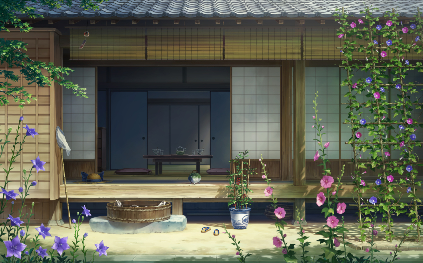 absurdres bamboo_screen blurry blurry_foreground bow bucket butterfly_net commentary_request day flower food fruit hakurei_shrine hand_net hat hat_bow highres ice morning_glory no_humans pink_flower plant potted_plant purple_flower sandals sasaj scenery shade shouji sliding_doors summer sun_hat table tile_roof touhou unworn_hat unworn_headwear unworn_sandals veranda vines wooden_bucket